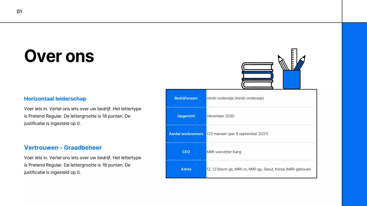 Een eenvoudige wit-blauwe onderwijsprospectus