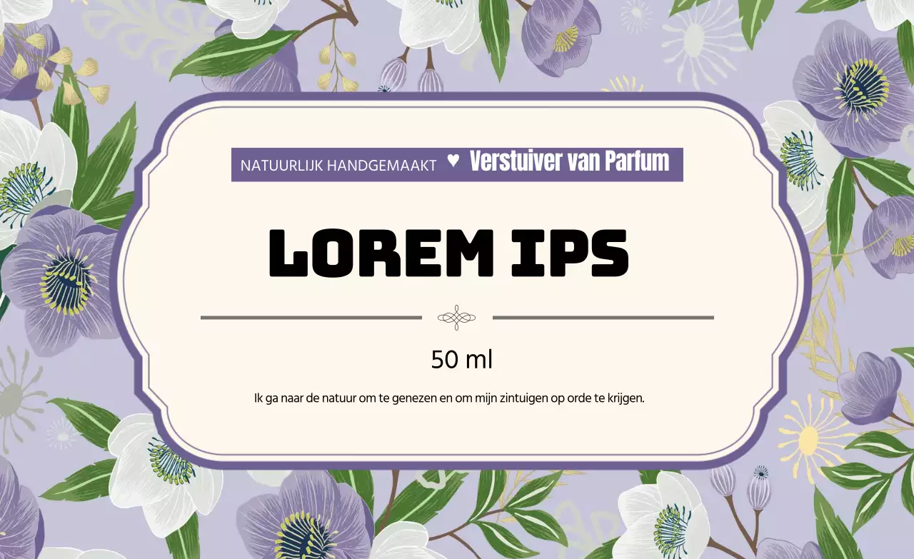 Vintage parfumlabel met paarse illustratie