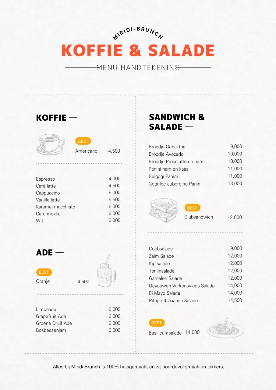 Verticaal café brunch menubord in oranje met illustraties