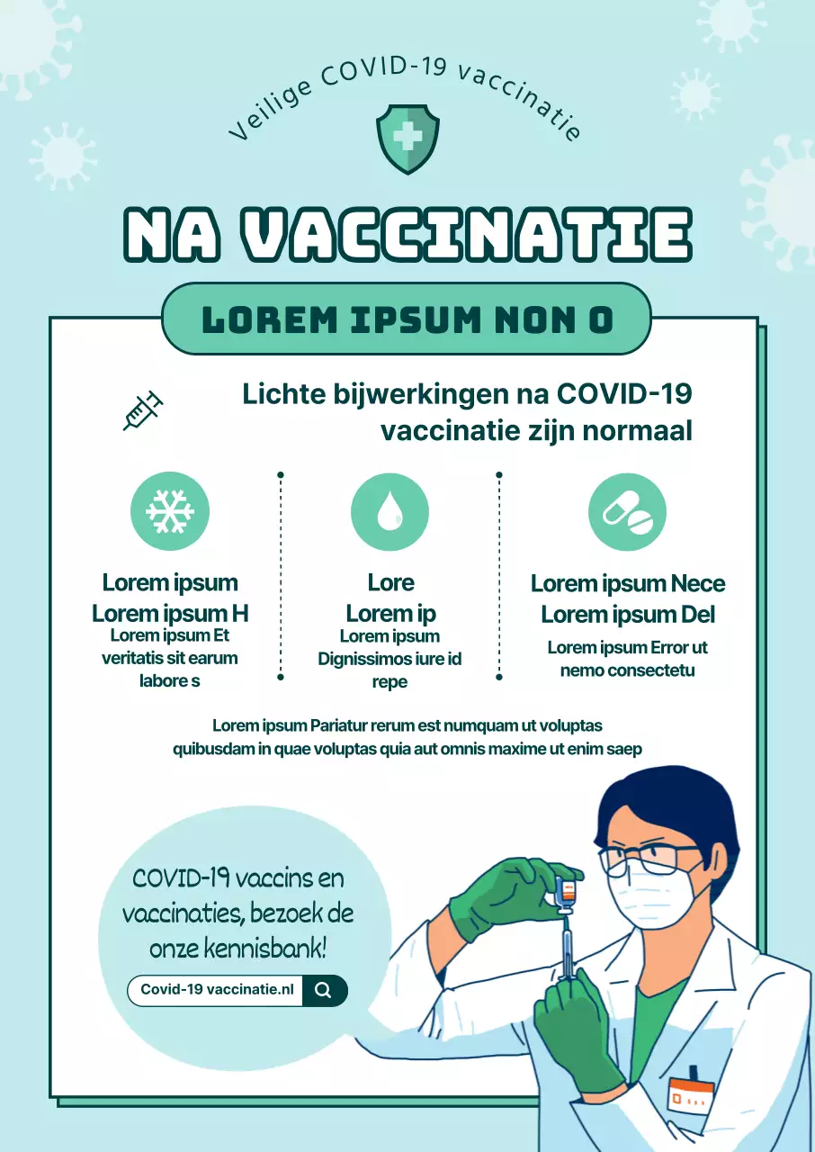 Geïllustreerde lichtblauwe en groene instructies voor vaccinatie tegen het coronavirus