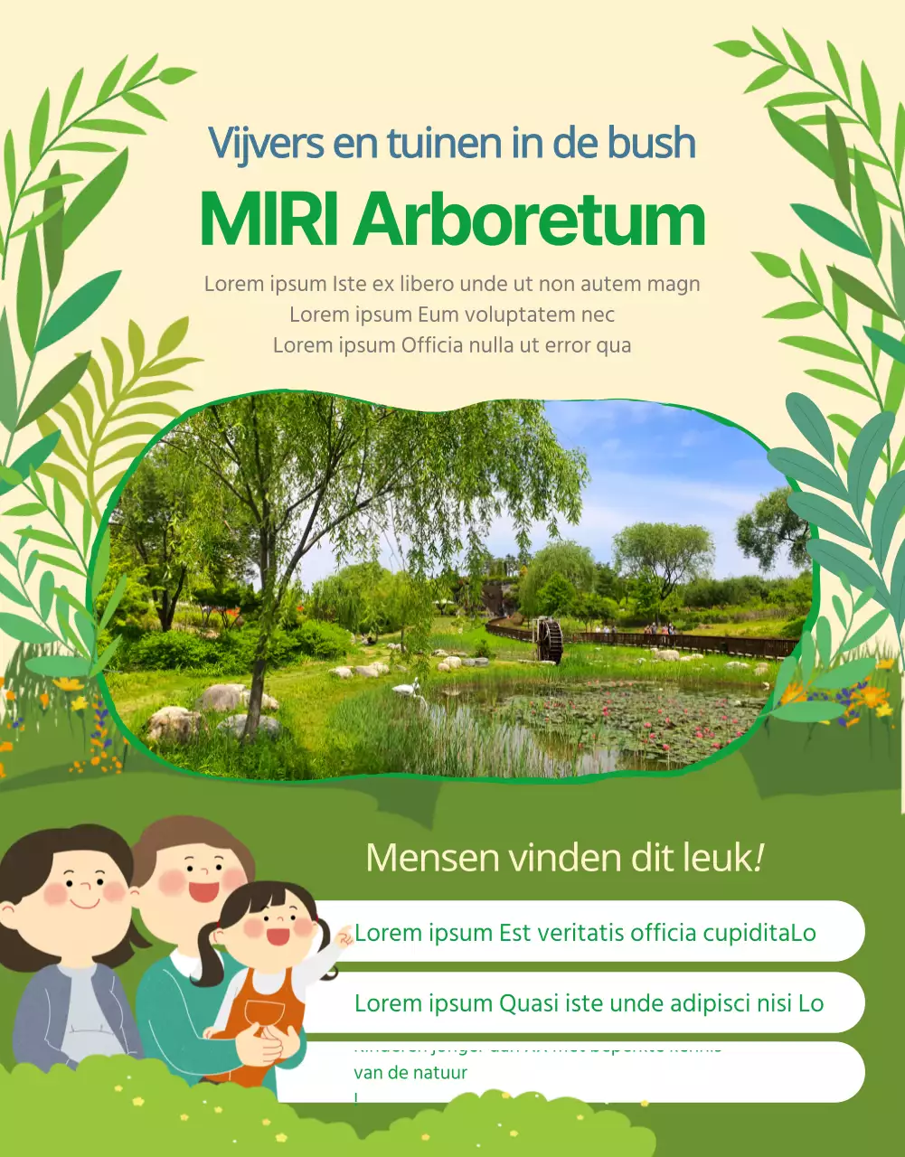 Arboretum postzegeltocht met schattige kinderillustraties