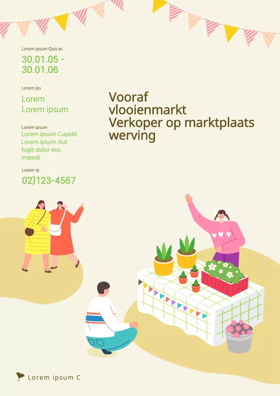Verkopers werven voor een leuke, geïllustreerde rommelmarkt
