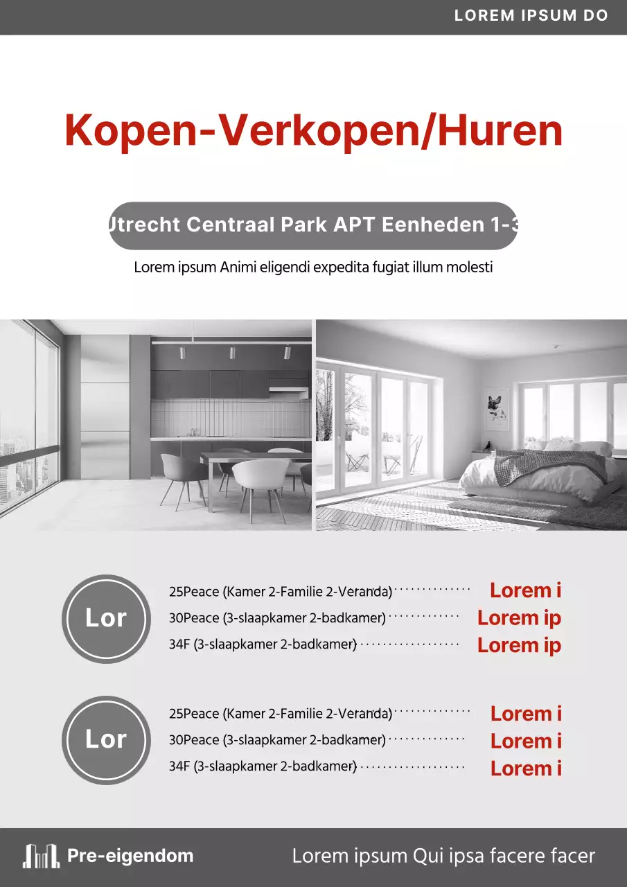 Onroerend goed advertentie voor verkoop appartement in grijze en rode kleuren