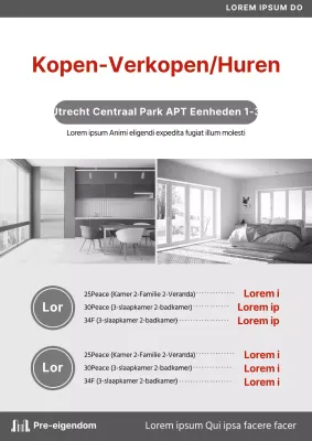 Onroerend goed advertentie voor verkoop appartement in grijze en rode kleuren