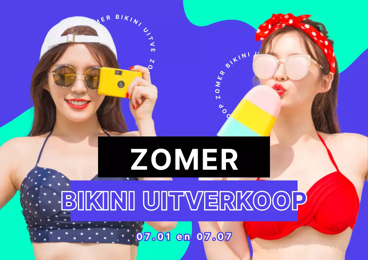 Een coole zomerse bikini verkoopposter met blauwe en neongroene accenten.