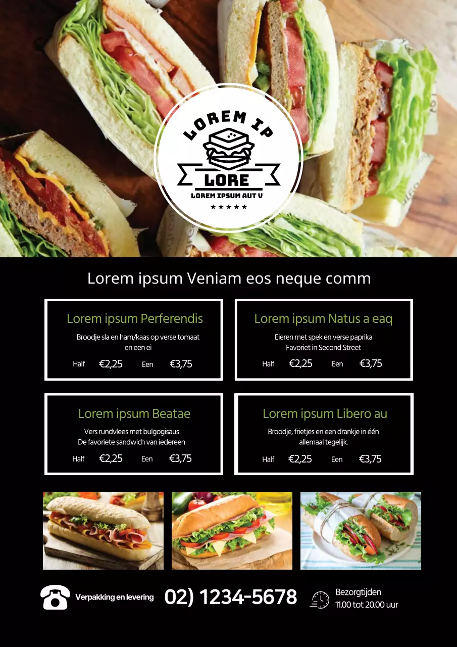 Schoon restaurant sandwich menu met zwarte foto markering