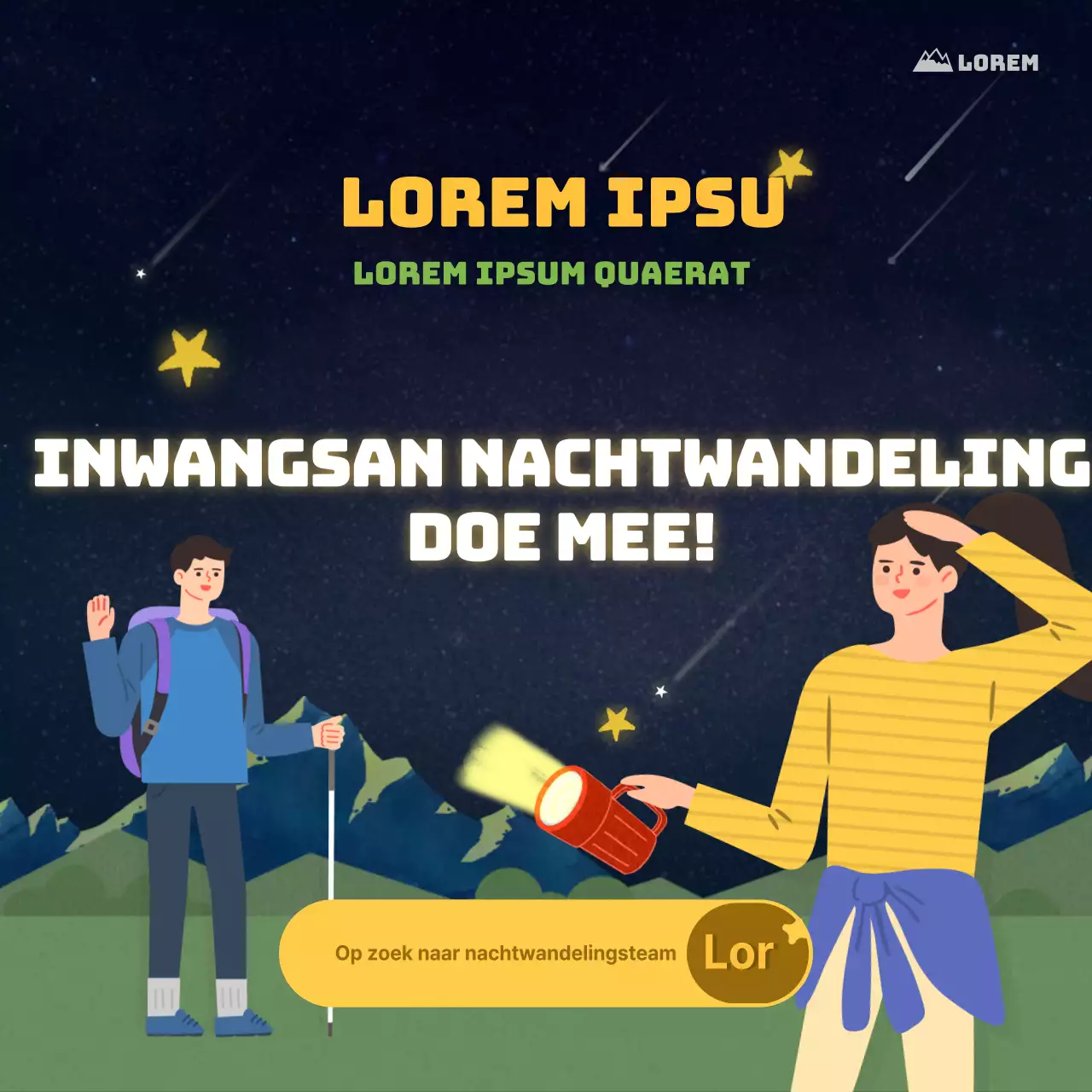 Blue's geïllustreerde crewwerving voor nachtwandeling (Instagram feed post)