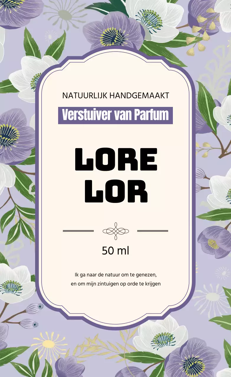 Vintage parfumlabel met paarse illustratie