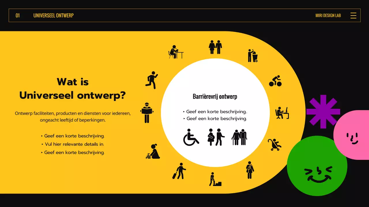 Inleiding tot Universal Design met zwarte en gele kleurrijke expressieve vormen