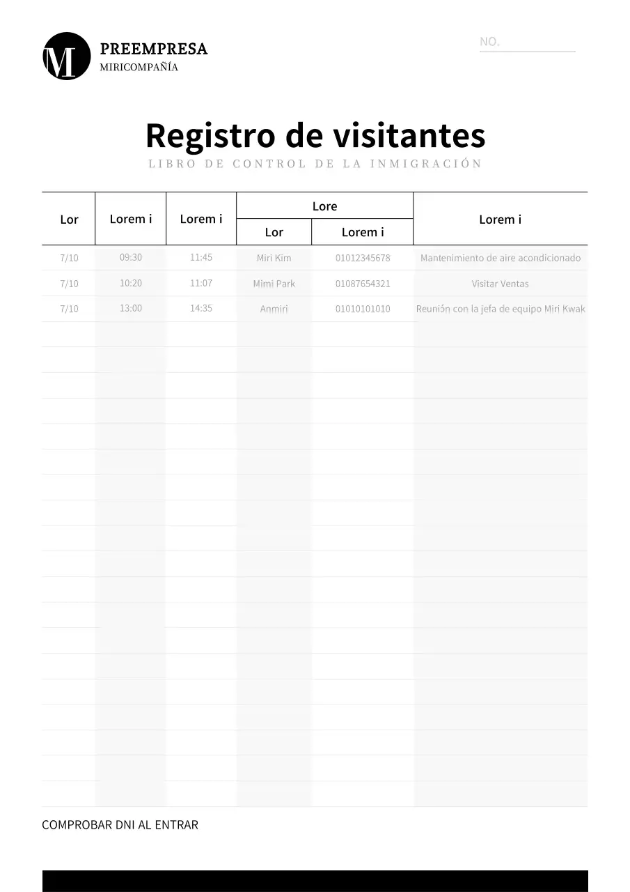Modelo negro y gris de documento de registro de acceso/salida de personas ajenas a la empresa