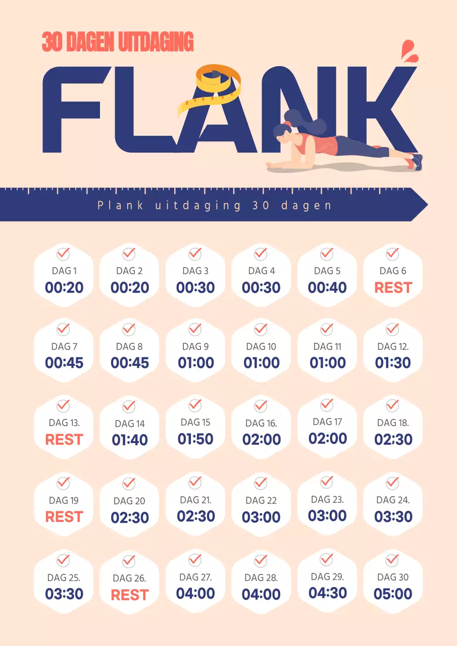 Plankoefeningen in marineblauw en roze Uitdagingstabel voor één maand