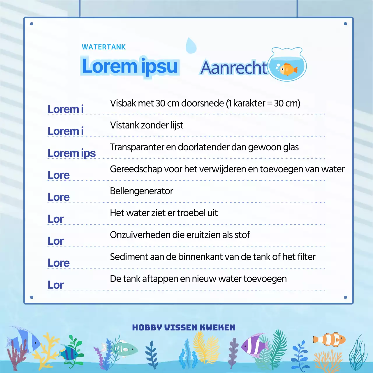 Aquarium achtergrond met veel blauwe golvende vissen, waterleven woordenlijst CardNews