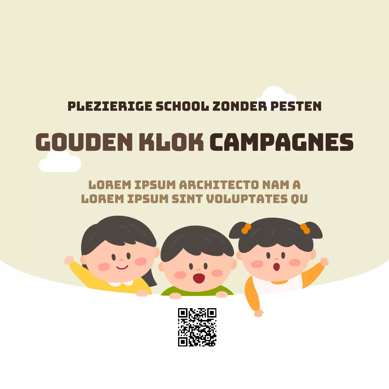 Aankondiging en promotie van de Gouden Klok-campagne in de stijl van een schattig, rond kinderfiguurtje