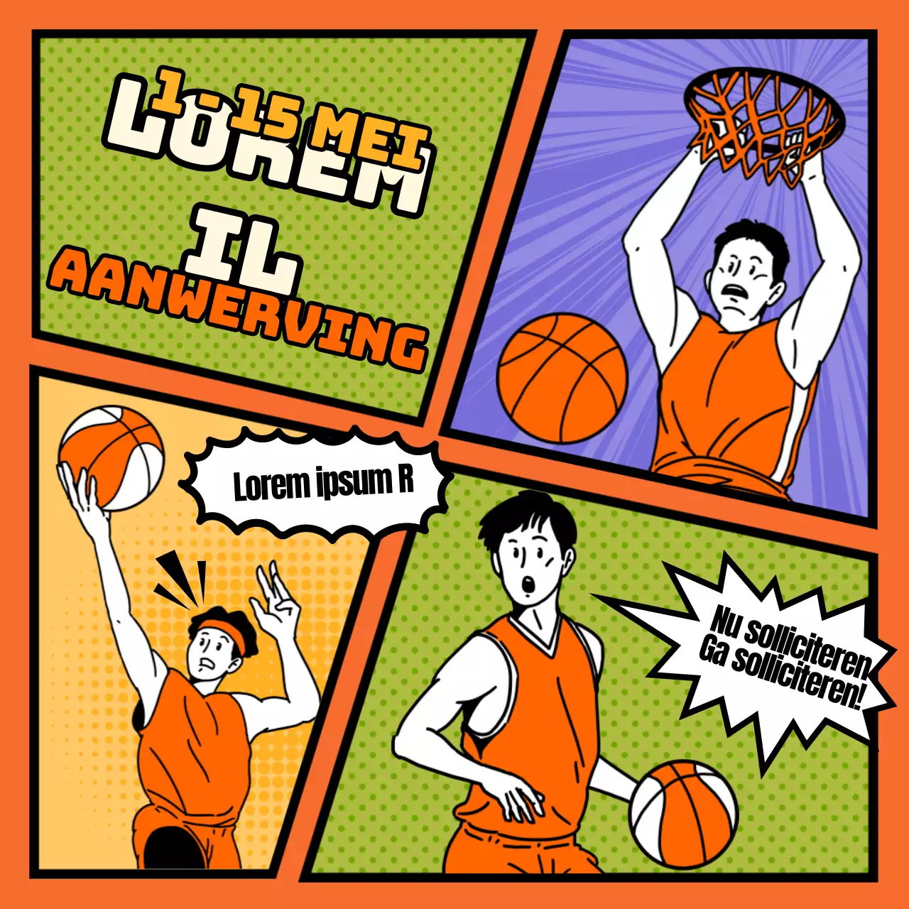 Werving voor een leuke, kitscherige, oranje, cartooneske basketbalclub