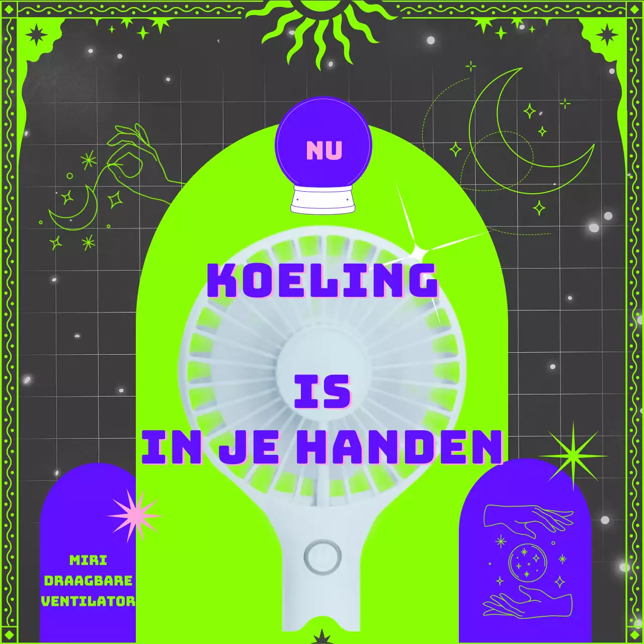 Een neongroene en blauwe tarot-klusser promoten