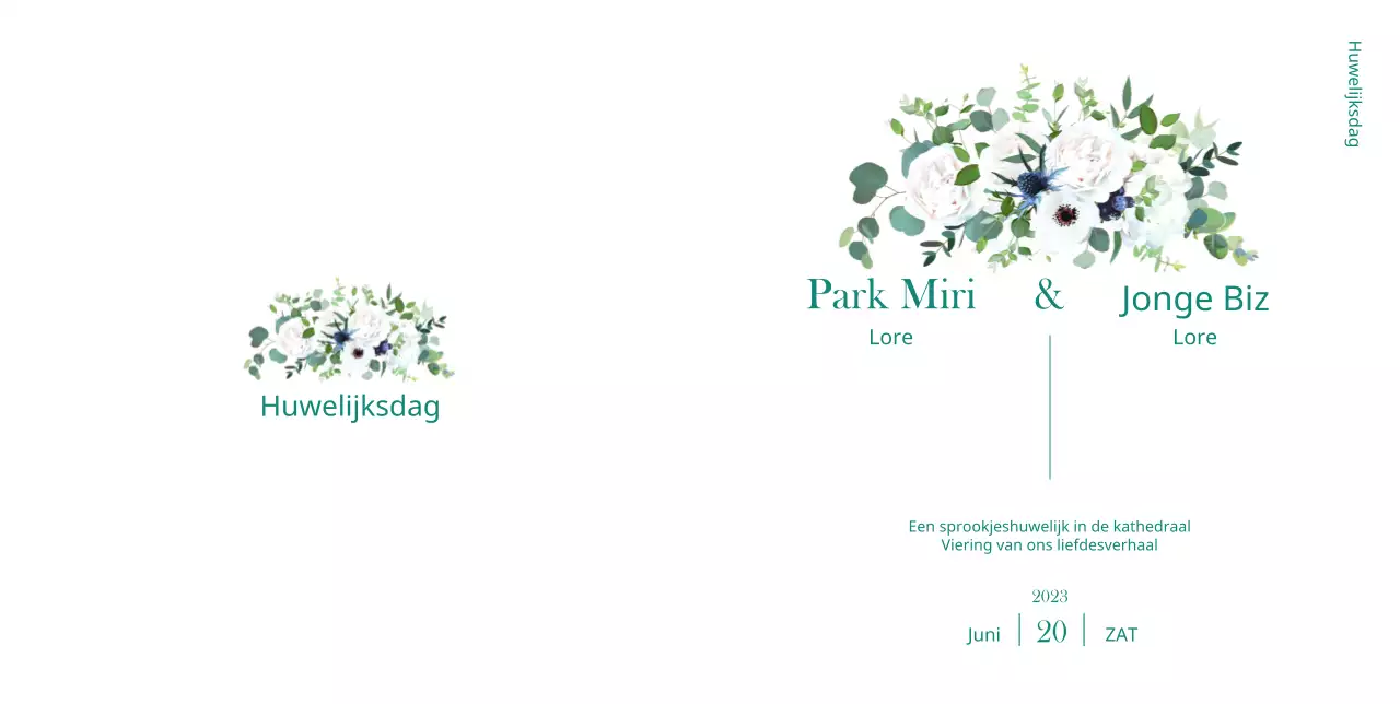 Een strakke huwelijksuitnodiging met een vleugje groen en boeketten