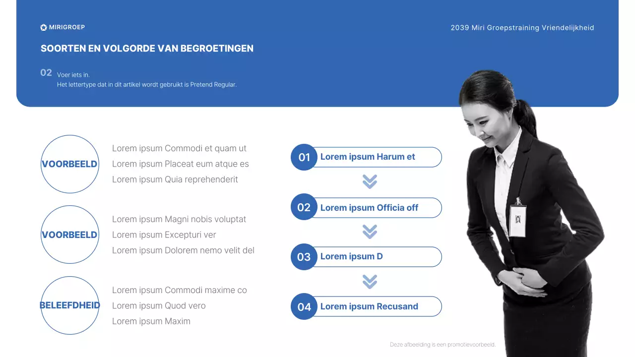 Trainingsseminar over vriendelijkheid voor winkelpersoneel van de Miri Group in blauw en grijs CS Handboek Begroetingsetiquette