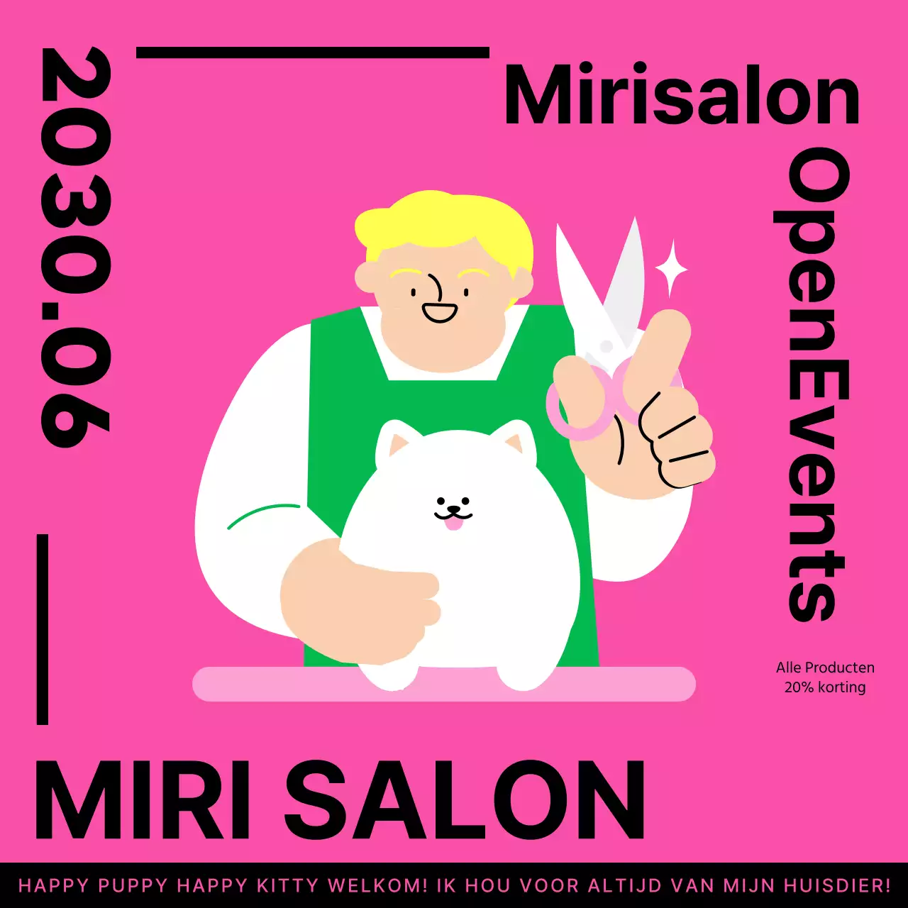 Een schattige, roze, geïllustreerde promotie voor een trimsalon voor huisdieren