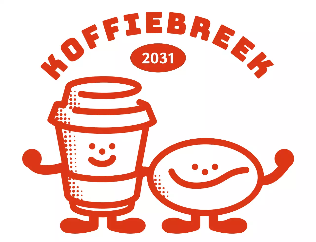 Een café met een rood tekstlogo en een schattig koffiepoppetje