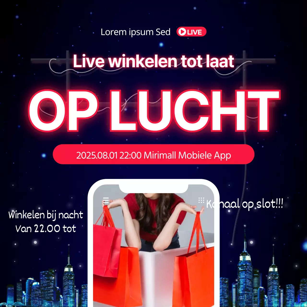 Late night shopping op rode en blauwe telefoonframesLive on air live winkelen
