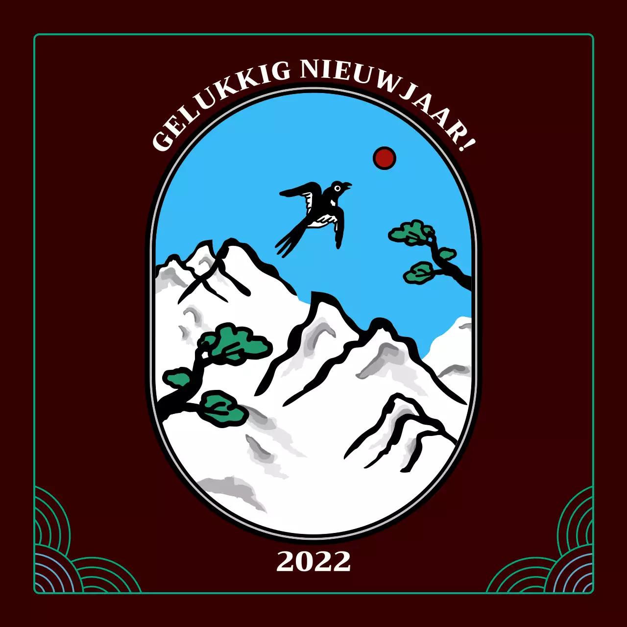 Nieuwjaarskaart met een eksterillustratie van Brown's Neutroconcept