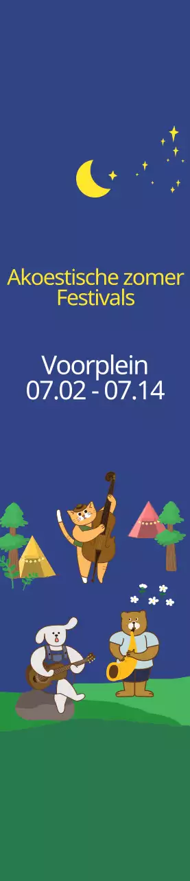 Schattige illustratiestijl in donker marineblauw en geel voor informatie en promotie van akoestische zomerfestivals