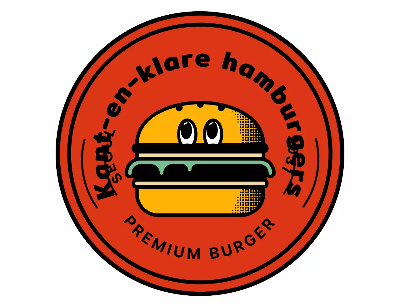 Een hamburger met een schattig rood en oranje karakterlogo