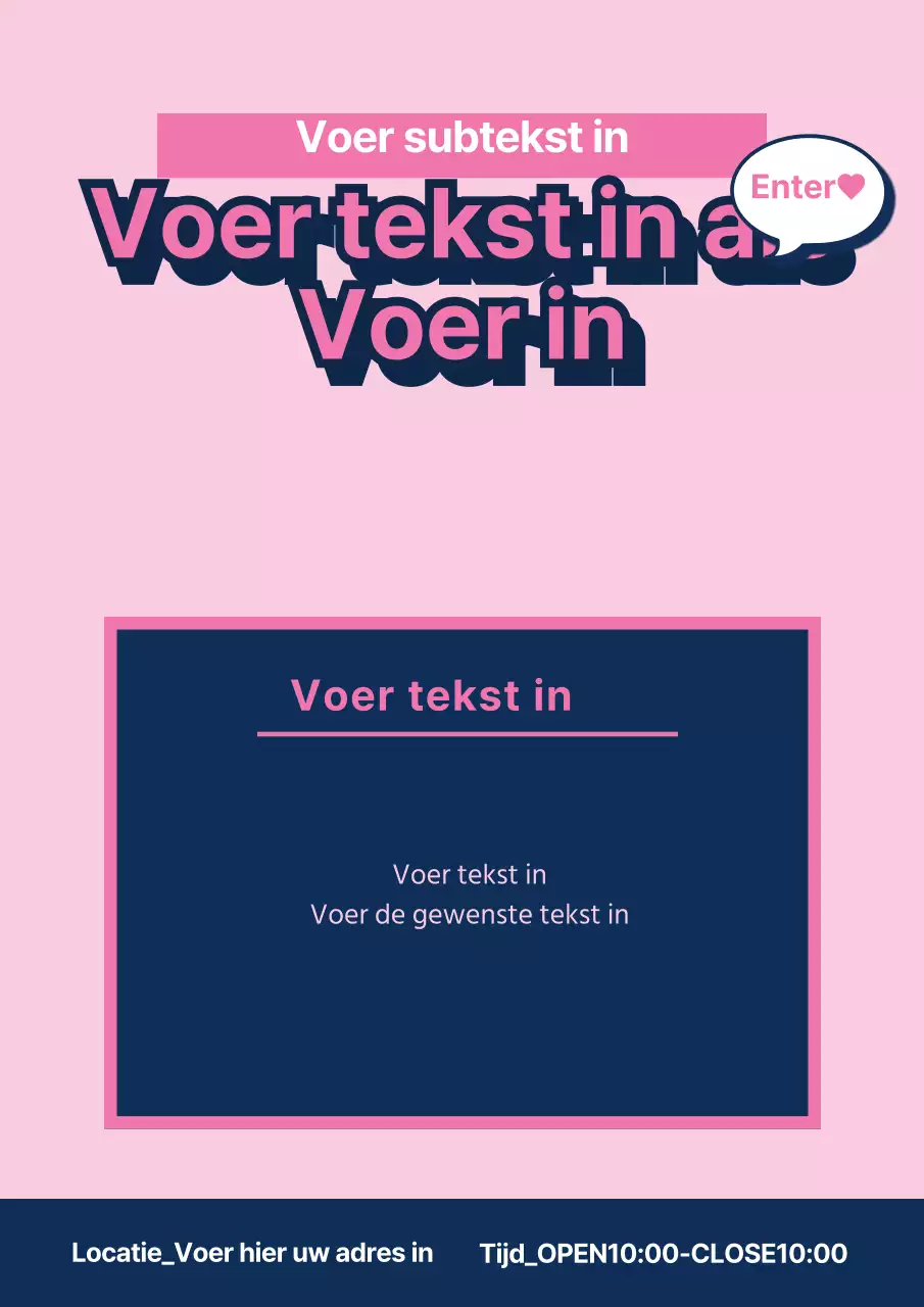 Promotiemateriaal met eenvoudige tekst in roze en marineblauw