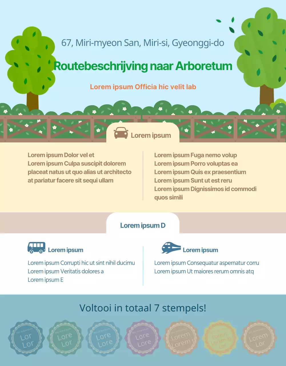 Arboretum postzegeltocht met schattige kinderillustraties