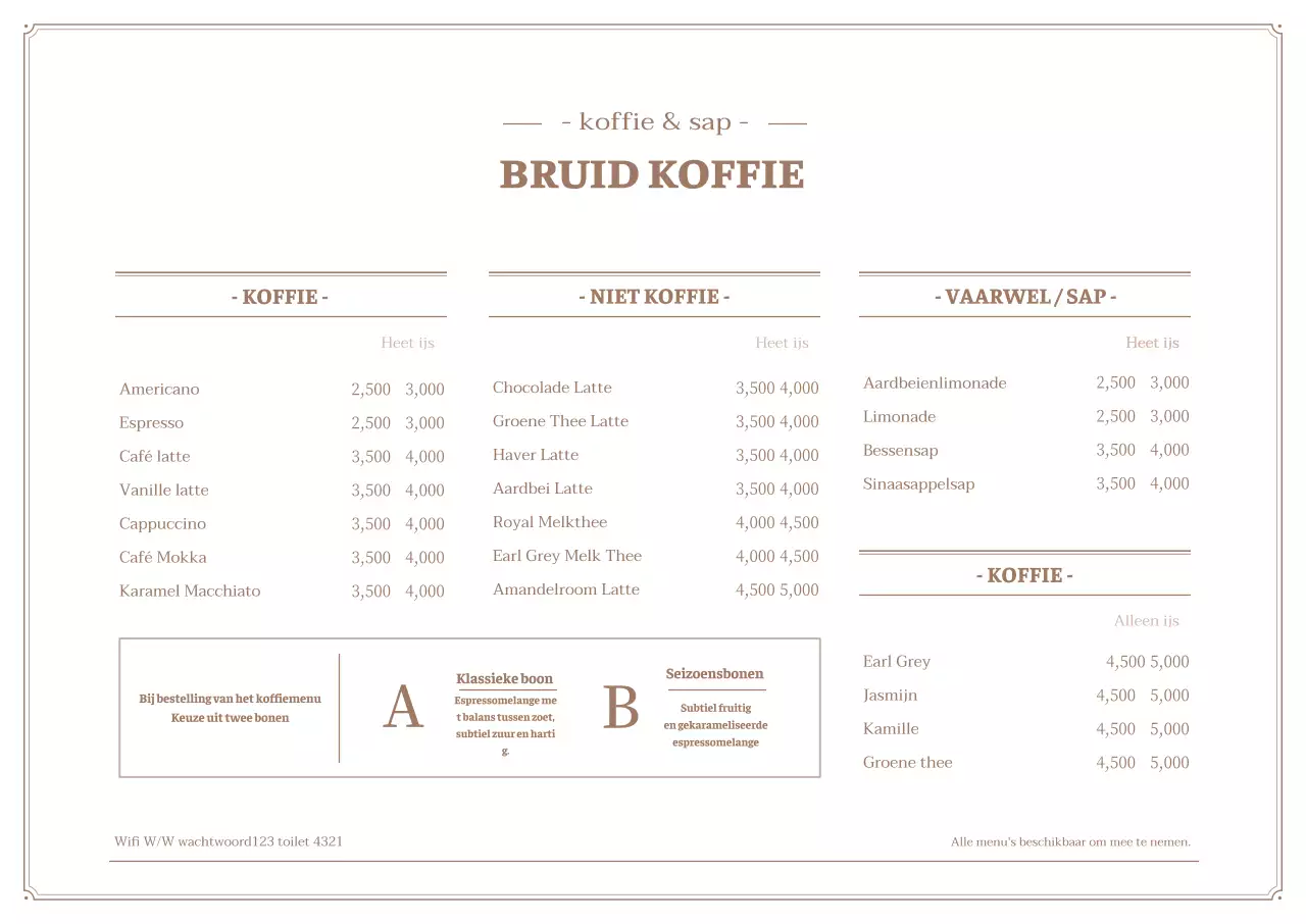 Eenvoudige café menubord horizontale poster in wit en bruin