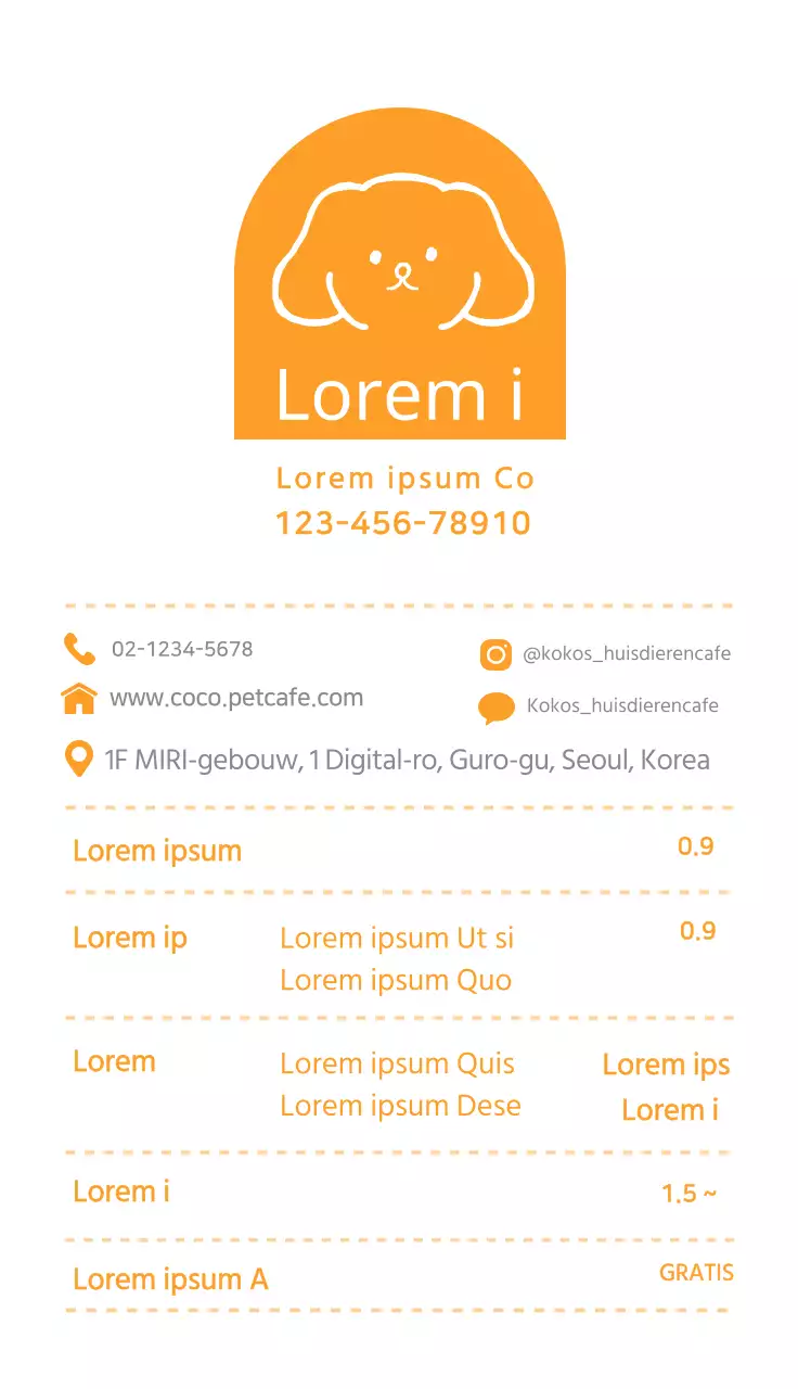 Schattig huisdier cafe visitekaartje met gele hond illustratie