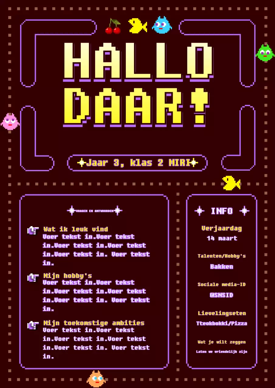 Een schattig klassiek spelconcept in rood, bruin, paars en geel.