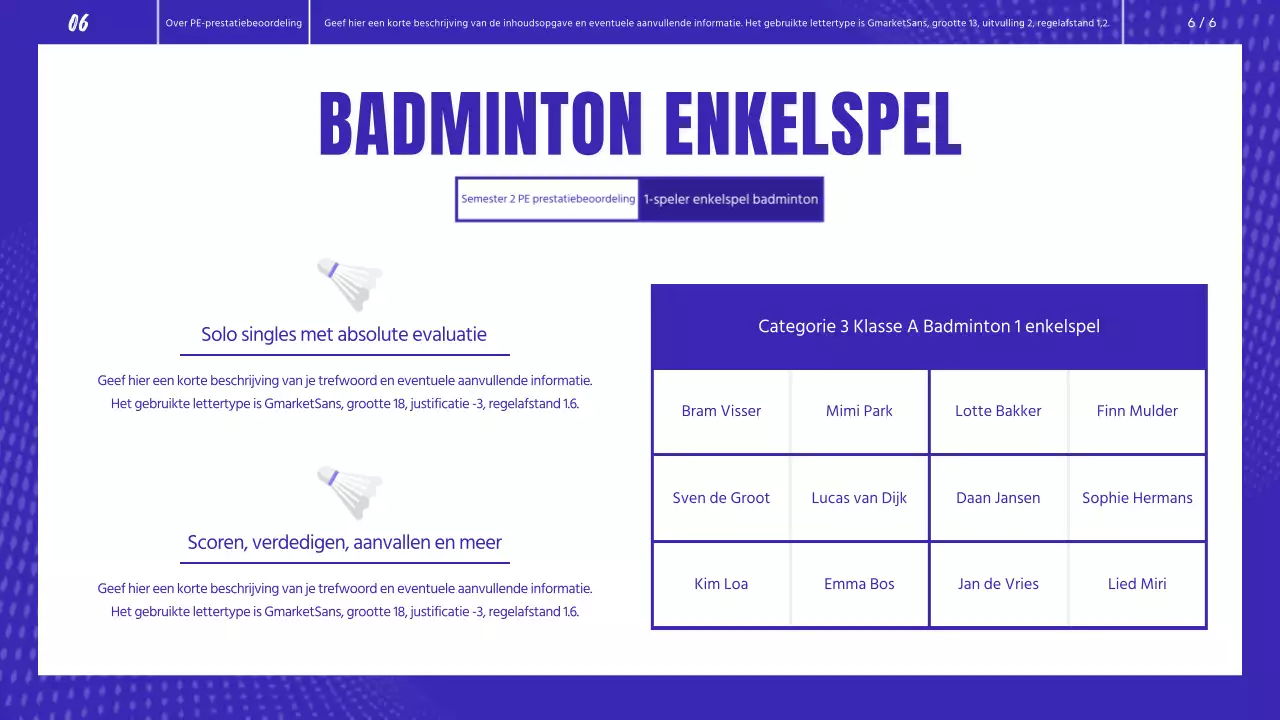 Blauw-wit badminton Fysieke prestatiebeoordeling begeleide les