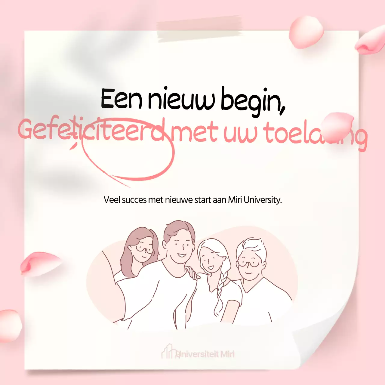 Petal blazen evenement met handgeschreven gefeliciteerd met toelating tekst op een roze notitieblok achtergrond