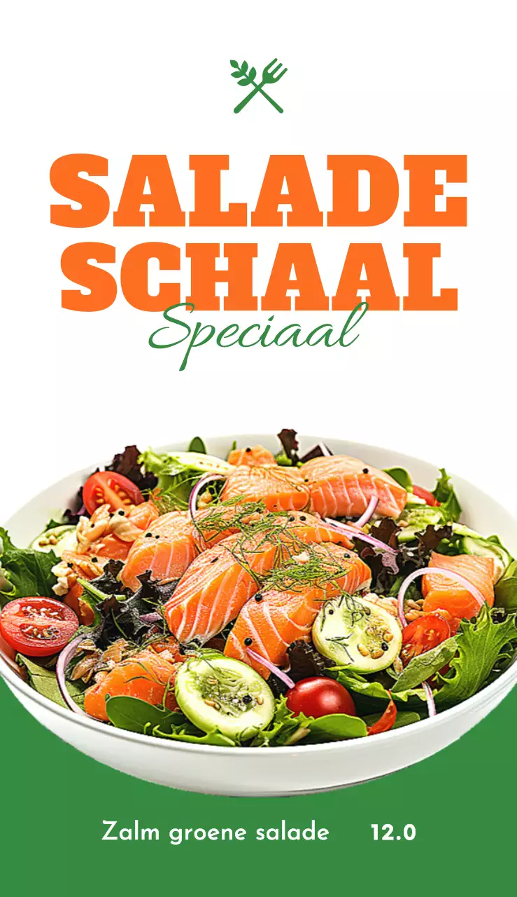 Verse salade menu bewegwijzering met oranje groen gele salade kom menu-gerelateerde tekst en logo illustratie
