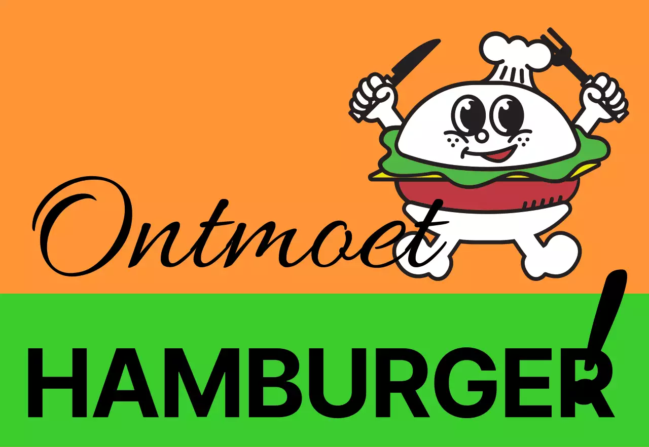 Unieke bewegwijzering in de winkel met kleurrijke, veelkleurige Meal Burger-tekst en schattige hamburgerkarakters