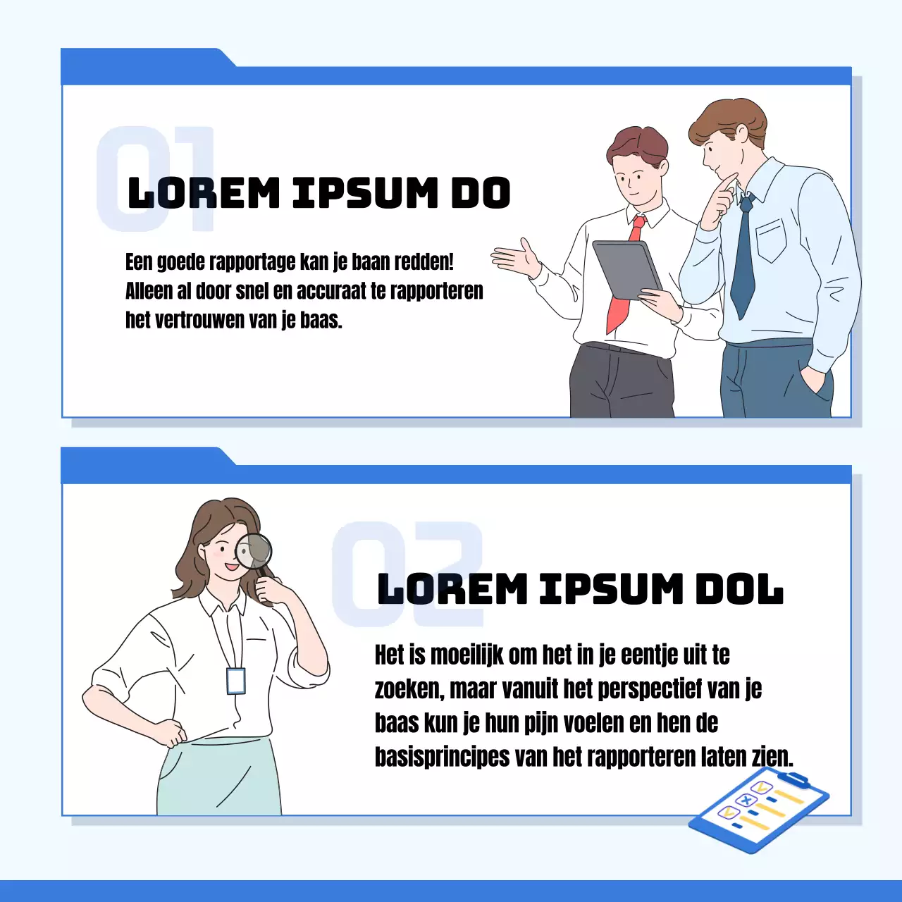 Blauw en geel illustratieconcept Hoe goed te rapporteren op het werk CardNews