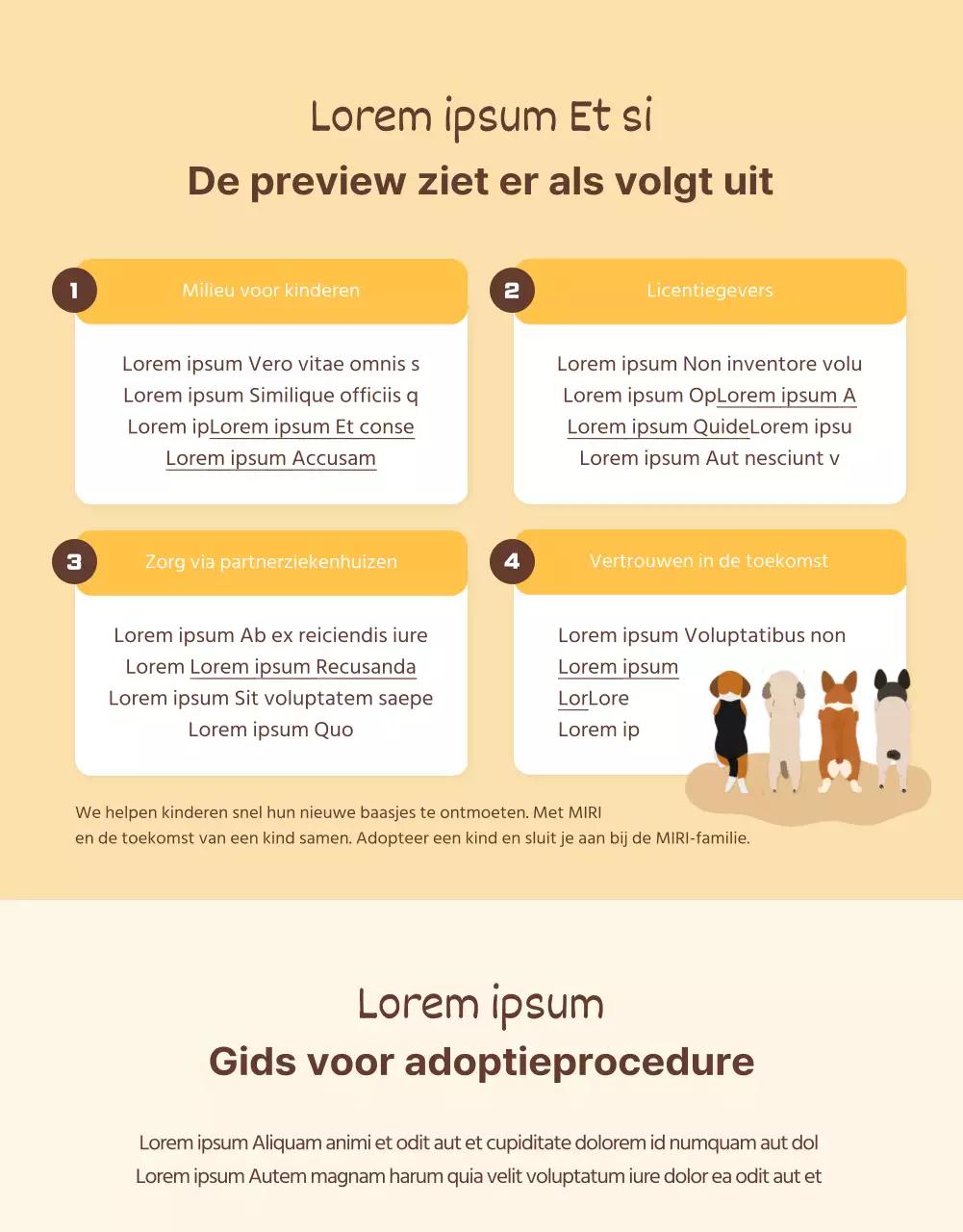 Geïllustreerde adoptiepost detailpagina met geelbruine tinten