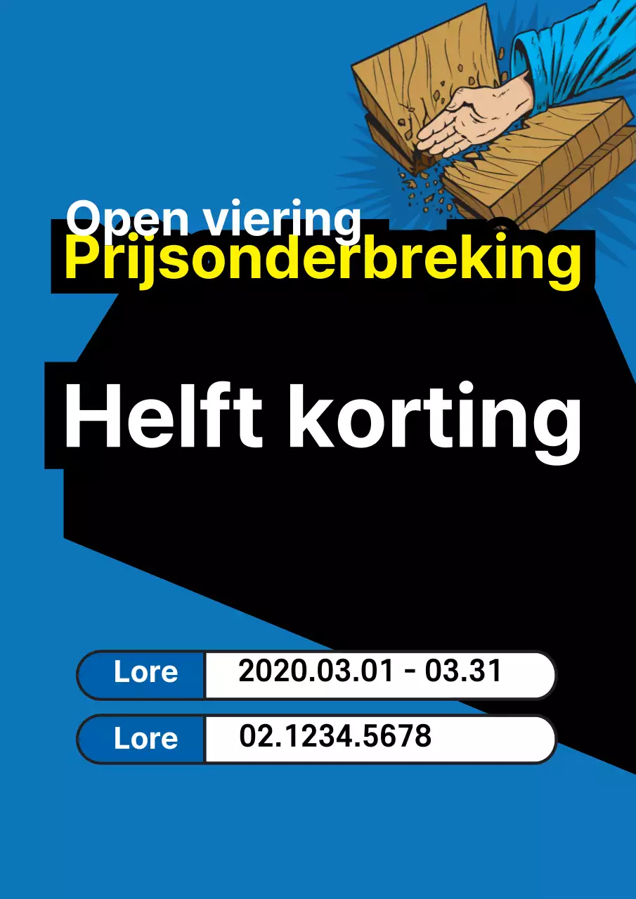 Flyer ter promotie van een verkoopevenement om de opening te vieren met eenvoudige accenten van blauw en geel