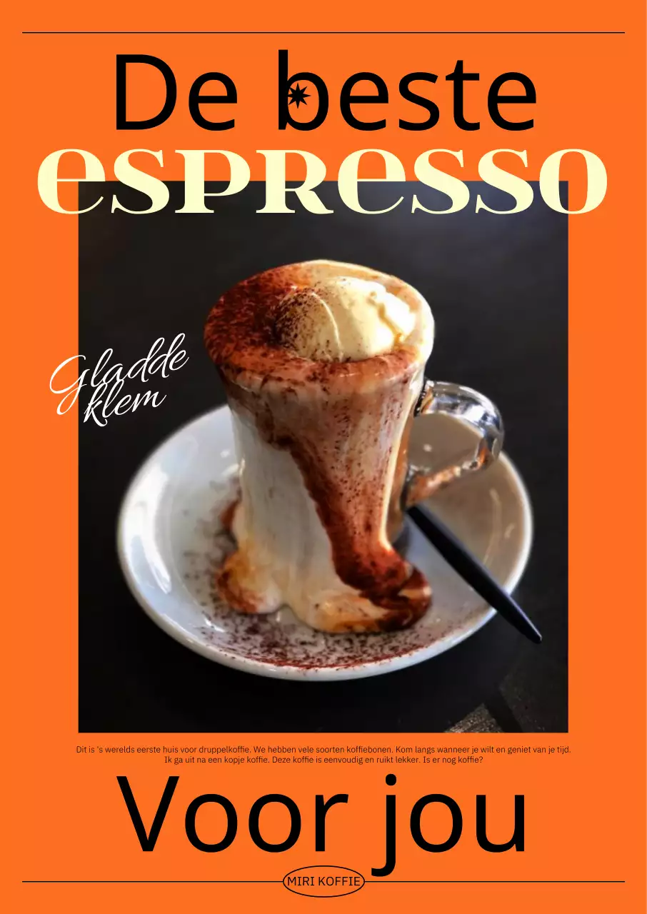 Een chic café-interieur met een strak zwart lettertype op een oranje achtergrond