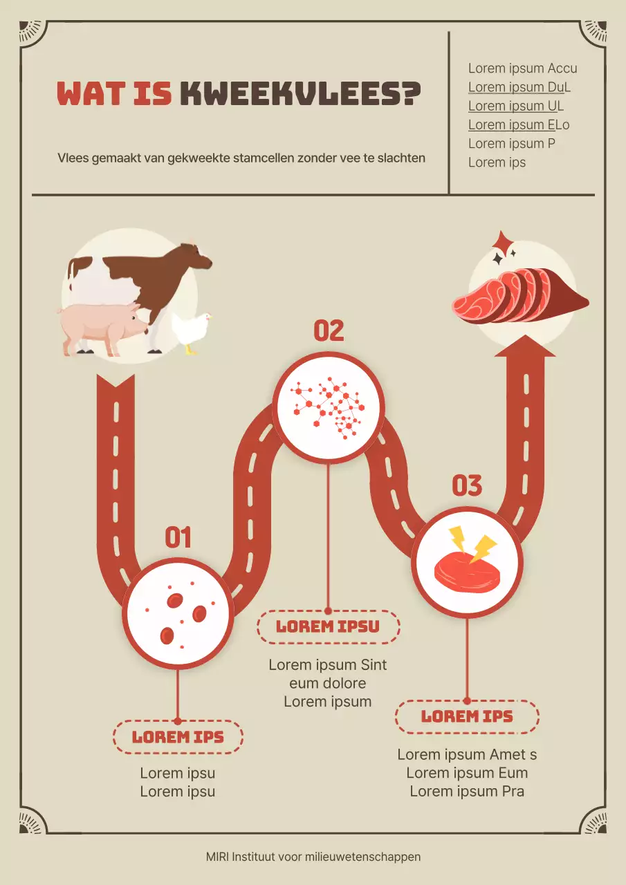 Stappenplan voor het productieproces van beige en rood kweekvlees