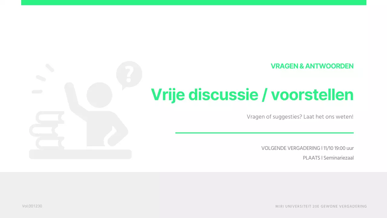 Een eenvoudige, limoengroene studentenraadsvergadering