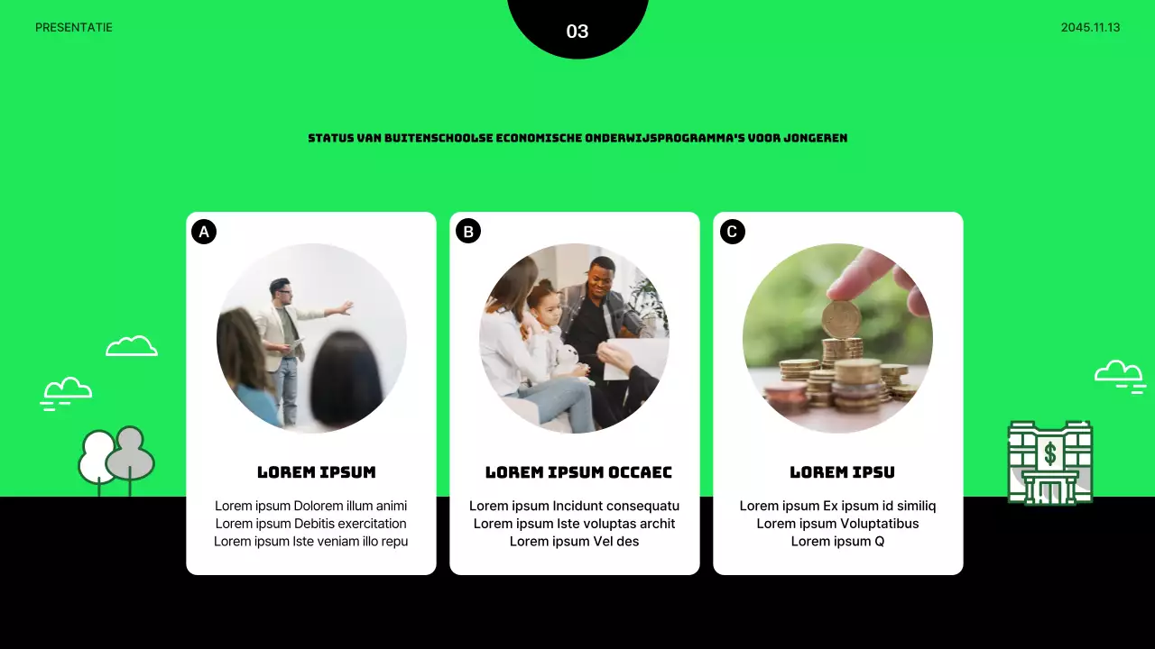 Minimalistische presentatie voor economisch onderwijs voor jongeren in limoengroen en zwart