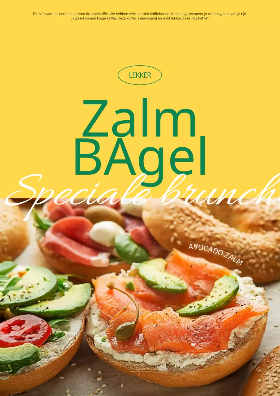 Trendy café interieur met een warme gele achtergrond en groen lettertype