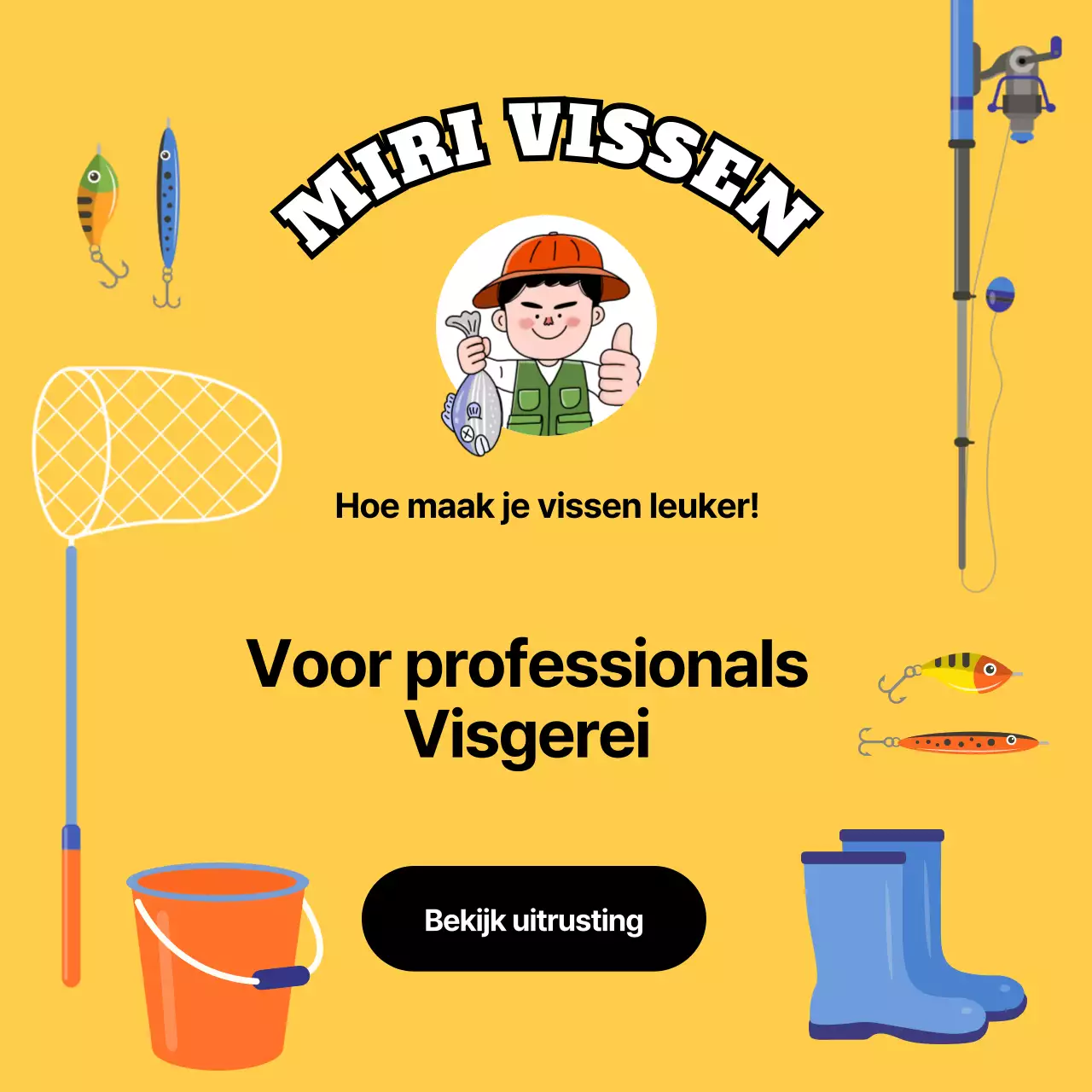 Geel, aaibaar, professioneel vistuig advertentie