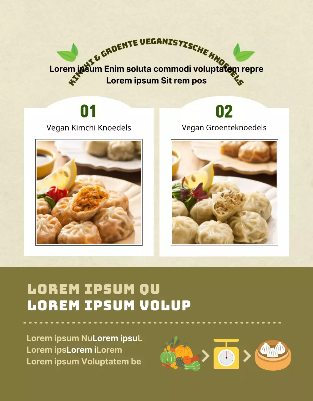 Detailpagina van winkelcentrum met olijfgroene veganistische knoedels