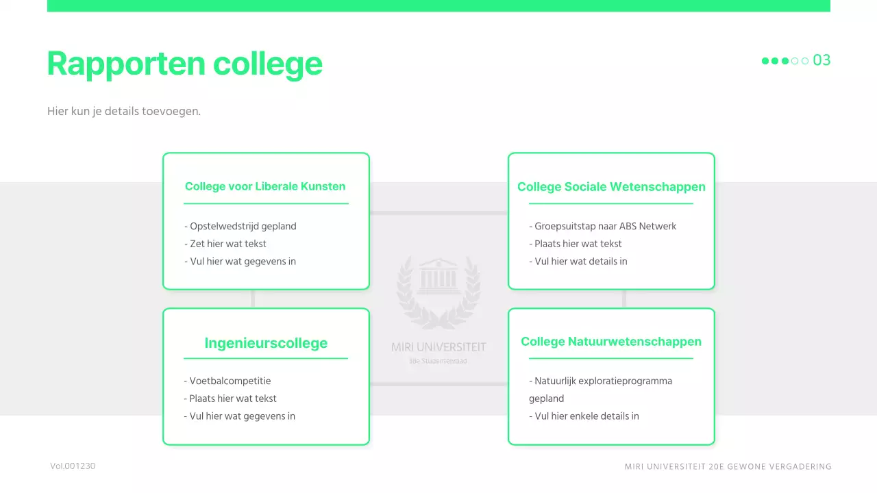 Een eenvoudige, limoengroene studentenraadsvergadering