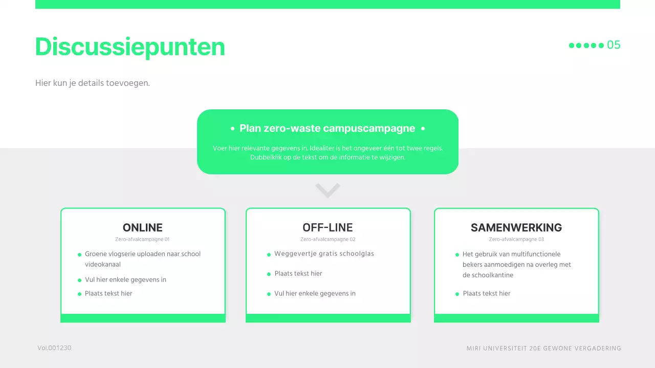 Een eenvoudige, limoengroene studentenraadsvergadering