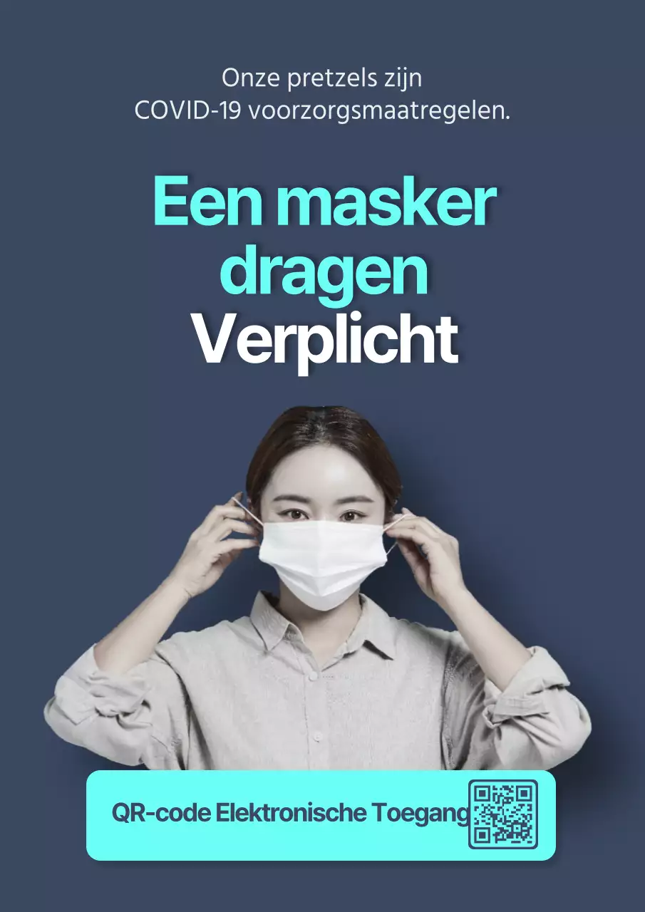 Een strakke poster met een vrouwelijk model dat een masker draagt tegen een marineblauwe achtergrond.