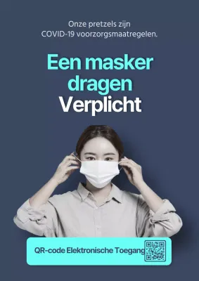 Een strakke poster met een vrouwelijk model dat een masker draagt tegen een marineblauwe achtergrond.